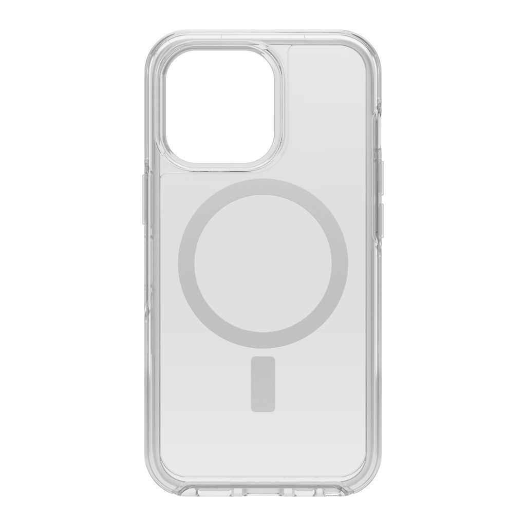 A clear iPhone case with MagSafe ring is shown against a white background.