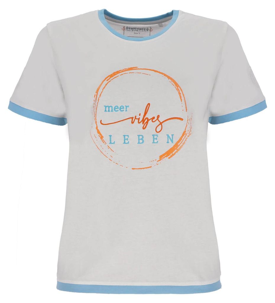 Wattlöper Damen T-Shirt mit Schriftzug-Stickerei Meer-Vibes-Leben - Kurzarm-Shirt mit Rundhalsausschnitt in Weiß Größe XXL