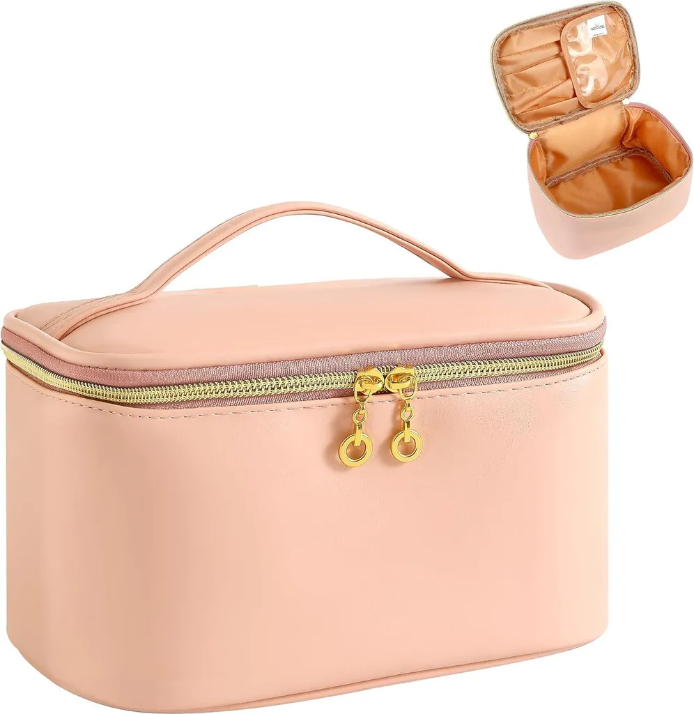 Trousse de Toilette Cuir PU Beige avec Compartiment Pinceaux de Maquillage