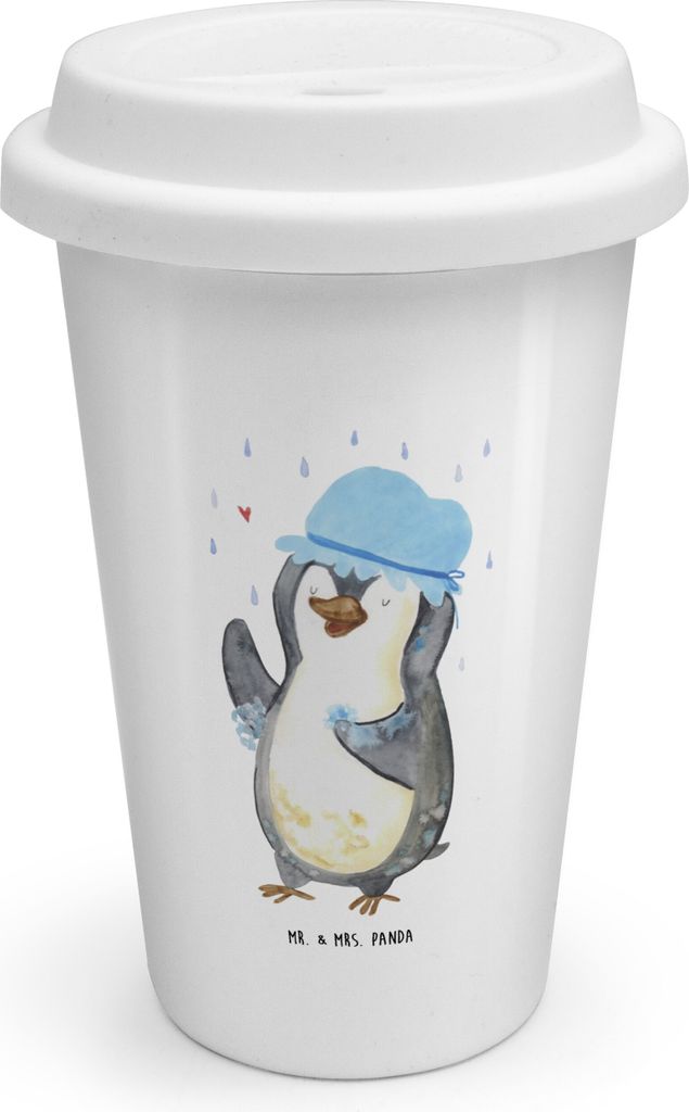 Mr. & Mrs. Panda Coffee To Go Becher Pinguin Duschen - Weiß - Geschenk, Singen, ToGo Kaffeebecher, Baden, Thermobecher, keramik, Dusche, Pinguine,...