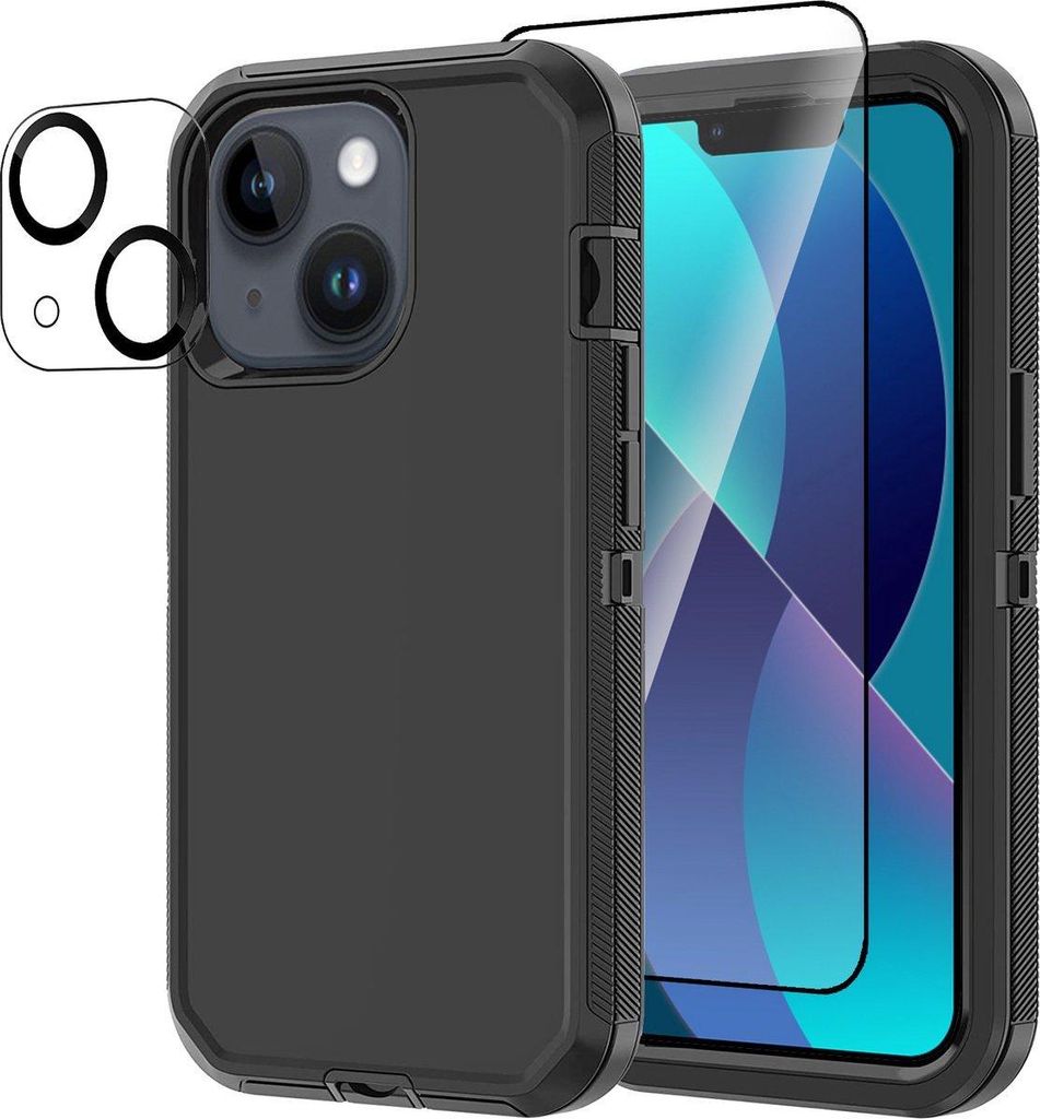 Stravo Heavy Duty Hülle für iPhone 14 – 3-schichtig, extra robust, stoß- & staubfest – inkl. kratzfestem Display- & Objektivschutz – Schwarz