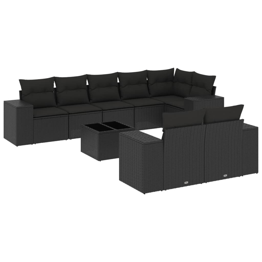 vidaXL 9-tlg. Garten-Sofagarnitur mit Kissen Schwarz Poly Rattan