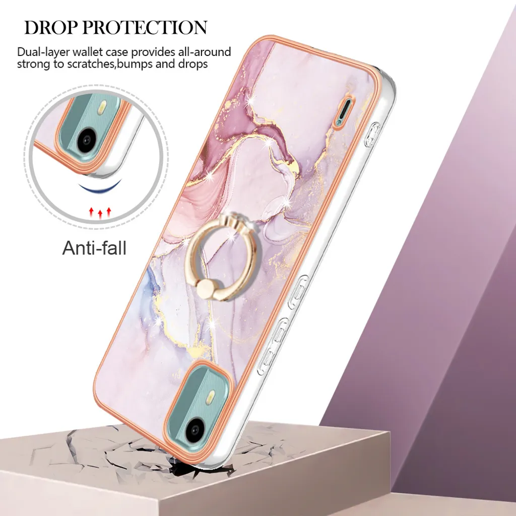 Custodia Marble per Nokia C12, Custodia protettiva in silicone TPU con supporto ad anello Grigio - 2
