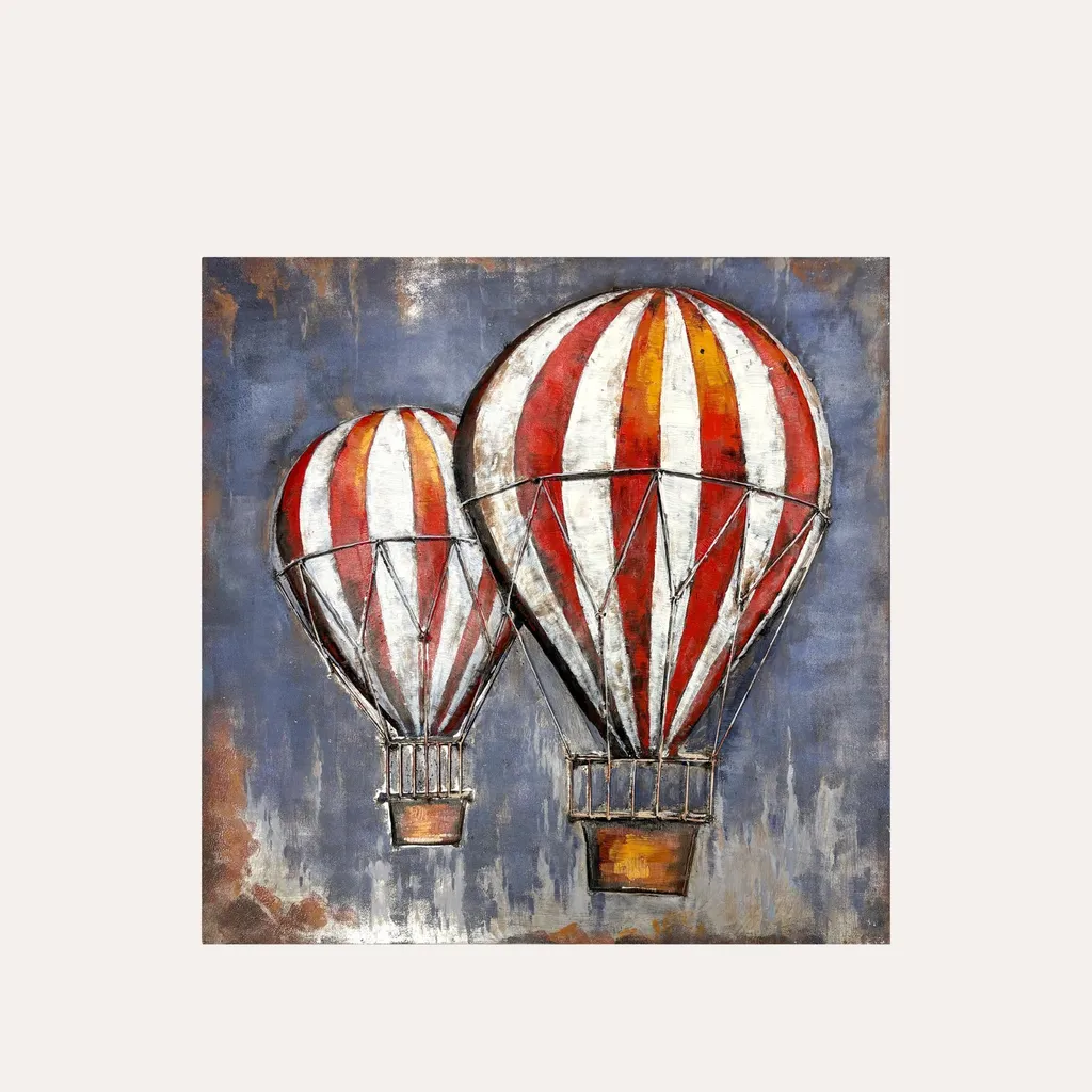 Tableau fer montgolfières blanc rouge pour habiller un mur vide design
