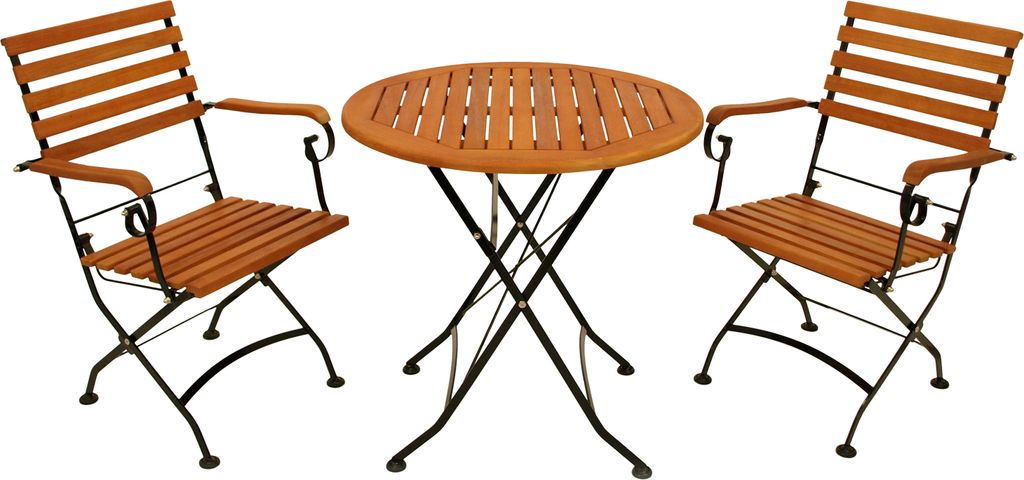 A three-piece bistro set consisting of a round table and two chairs, all made of wood and metal.