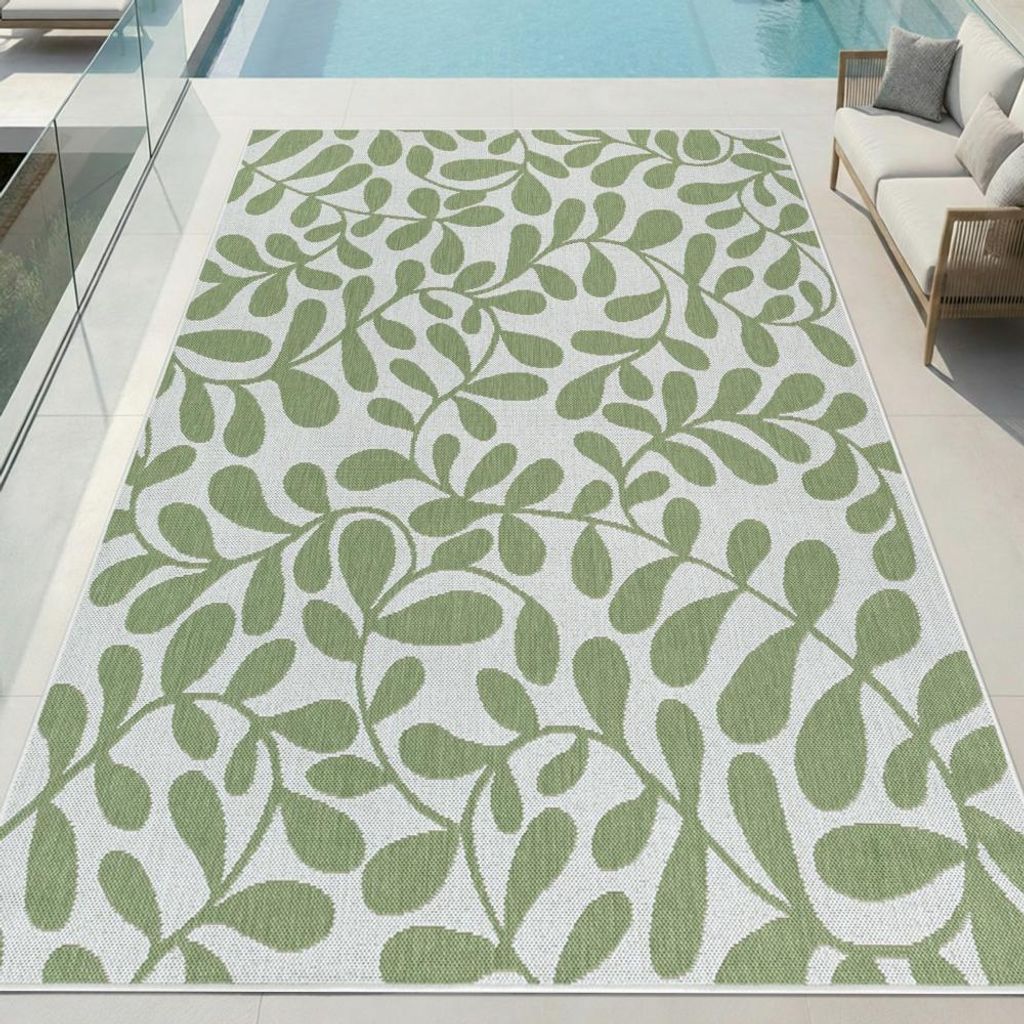 Outdoor Teppich Grün Weiß mit Blättermuster für Balkon Terrasse Größe - 160 x 220 cm