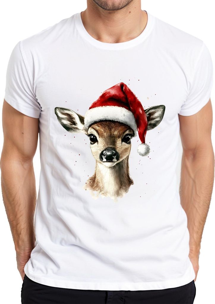 Weihnachts Rehkitz Aquarell süß Geschenk Winter festlich Herren T-Shirt, Weiß, M