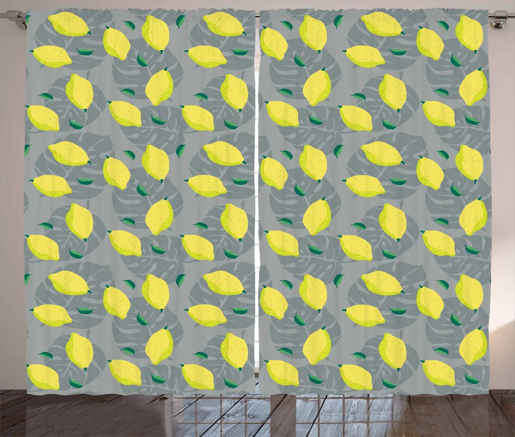 ABAKUHAUS Tenda rustica con motivo limoni, foglia di Monstera Deliciosa, tenda con nastro arricciato per camera da letto con passanti e ganci, 280 x 175 cm, giallo verde grigio