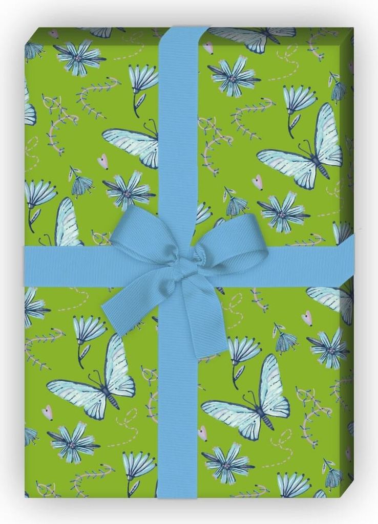 Zartes gemaltes Geschenkpapier mit Schmetterlingen und Produktbild 