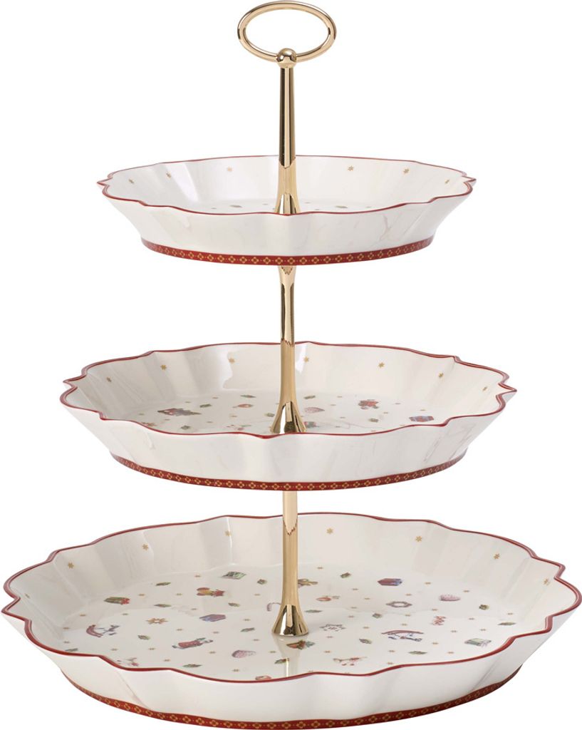 A three-tiered cake stand with decorative patterns on the plates and rims.