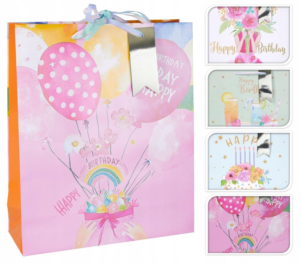 Pastell Geschenktüte Happy Birthday 30x40x10 cm, große Geburtstag Geschenktasche aus Papier, 1 Stk.