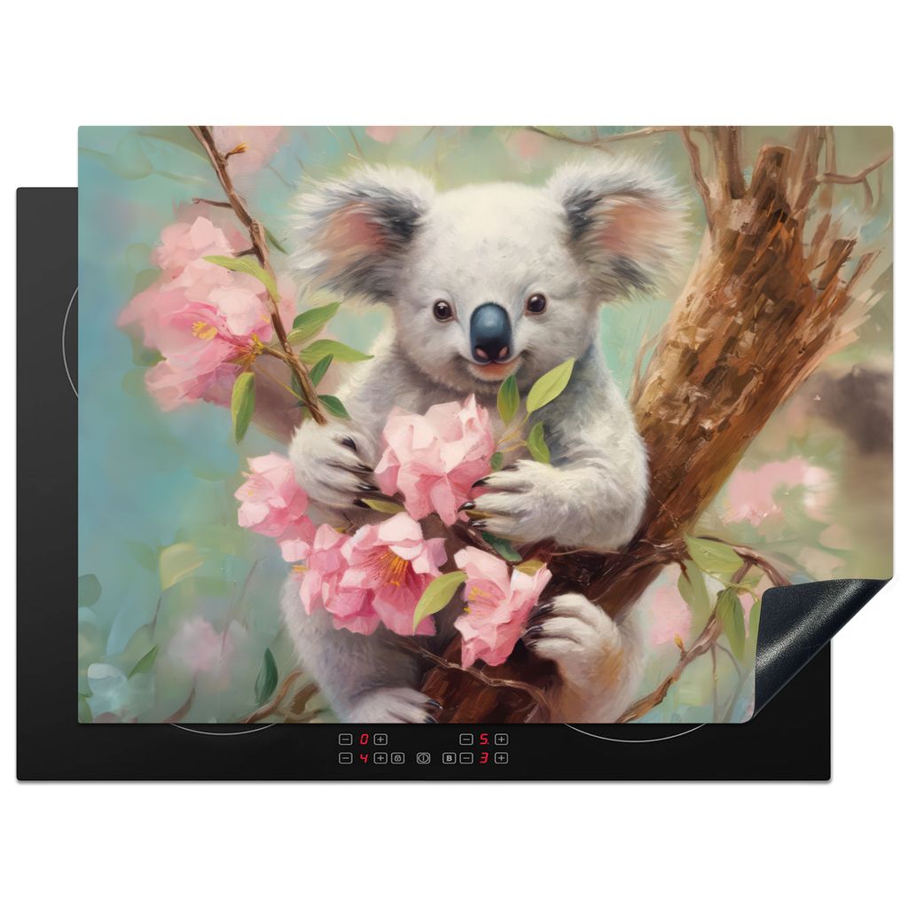 KitchenYeah Herdabdeckplatte Koala - Blumen - Tiere - Rosa , 70x52cm, Küche Deko, Glaskeramikkochfeld Herdabdeckung, Abdeckplatte fùr Kochfeld