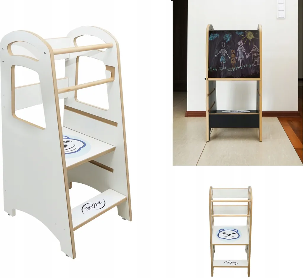 Torretta Montessoriana Skyline in Legno: Aiuto Cucina e Lavagna per Bambini