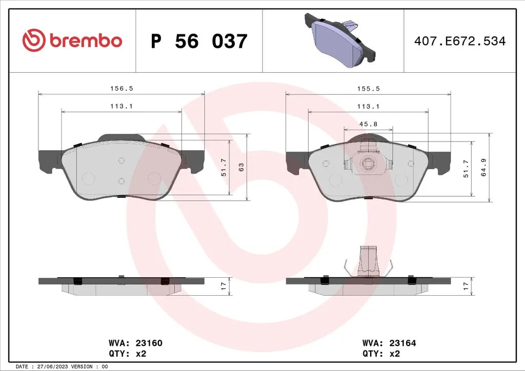 Plaquettes Brembo P 56 037 haute performance avec indicateur d'usure OE