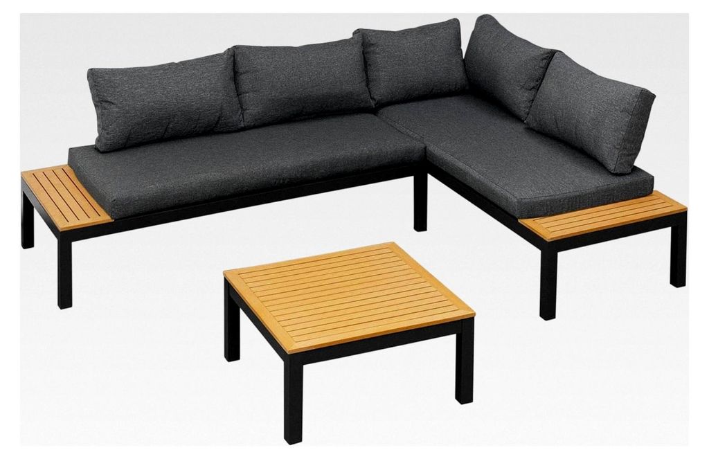 Aluminium Lounge Ambience, flexibel einsetzbar mit wasserabweisenden Kissen, Weiß/Grau, WPC-Streben Möbel-Set, Eckmodul, Dunkelgrau