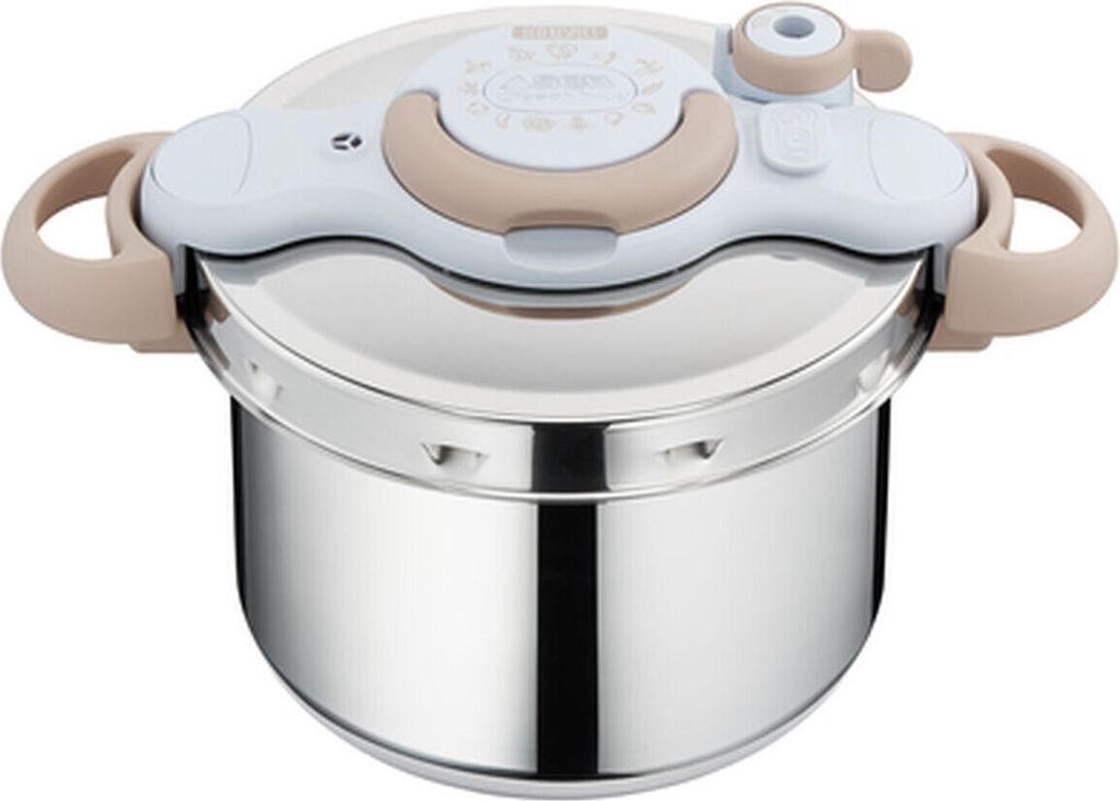 A studio shot of a pressure cooker on a white background.