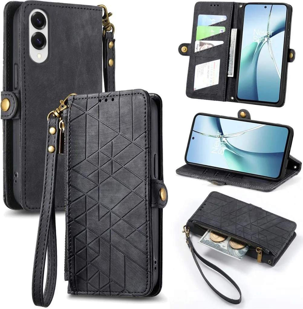 Per Samsung Galaxy S25 Edge 5G Design geometrico Custodia a libro con cerniera in Similcuoio con passante Nero