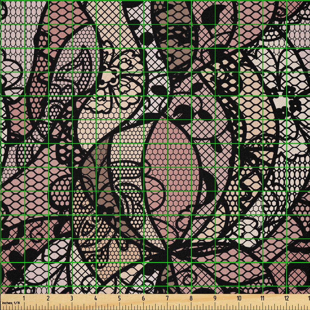 ABAKUHAUS viktorianisch Microfaser Stoff als Meterware , Schwarzes Spitze-Muster mit geometrischen Formen und Blumeninspirationen Weinlese-Kunst, 1...