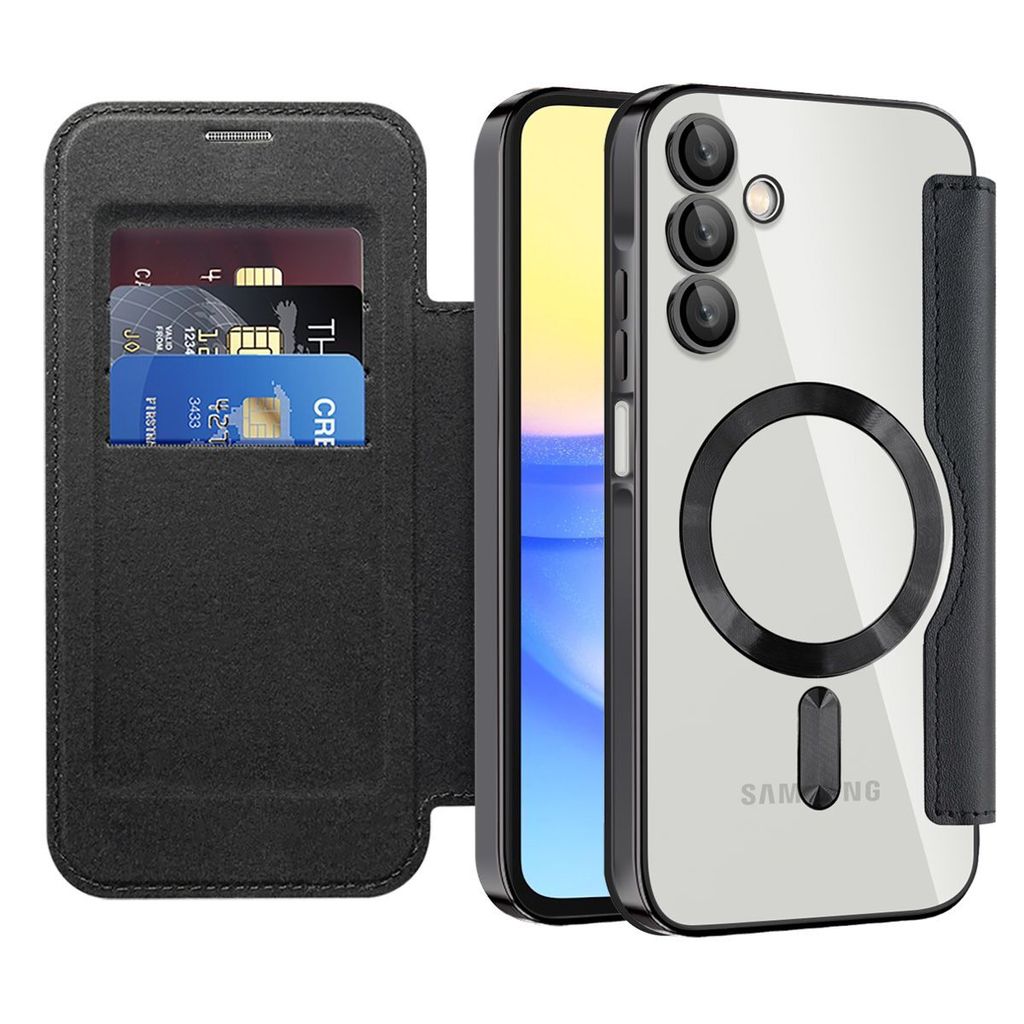Klapphülle für Samsung Galaxy A15 Kompatibel mit Magsafe, Klar Überzug Kartenhalter Ledertasche mit Kameraschutz Schwarz