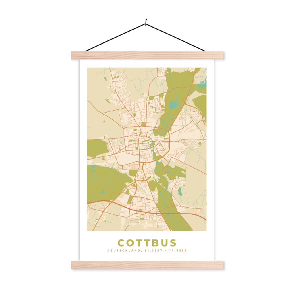 MuchoWow Textilposter Karte - Cottbus - Jahrgang - Karte 60x90 cm mit holzfarbenen Rahmen - Textil