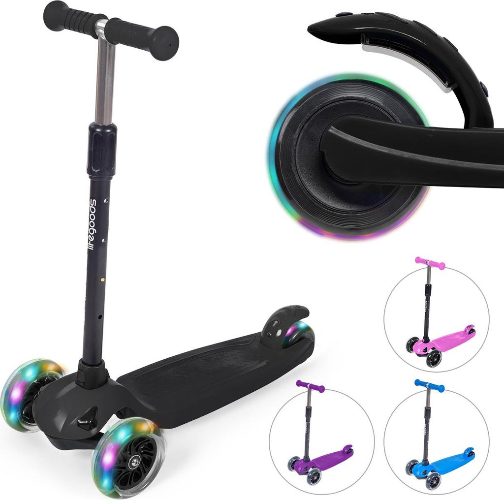 LifeGoods TurboRide Kinderroller - Roller 5-8 Jahre - 3 Leuchtende LED-Räder - Höhenverstellbar - Jungen/Mädchen - Schwarz