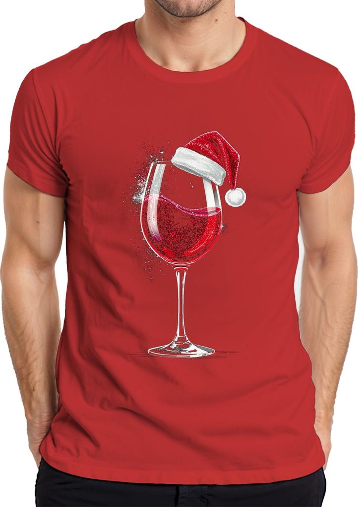 Weinglas Weihnachtsmütze Rotwein Weihnachten Geschenk Weinparty Herren T-Shirt, Rot, L