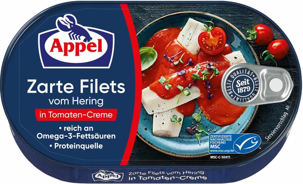 A can of Appel herring fillets in tomato cream sauce.