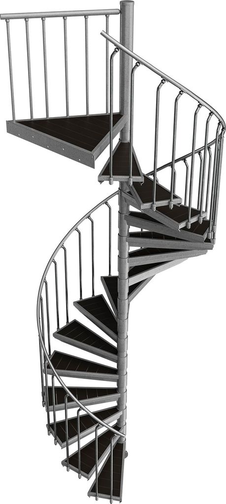 Spindeltreppe Ø 180 cm | Höhen: 306-323 cm | 16 Stufen, ein Podest | WPC-Stufenbelag, Feuerverzinkt