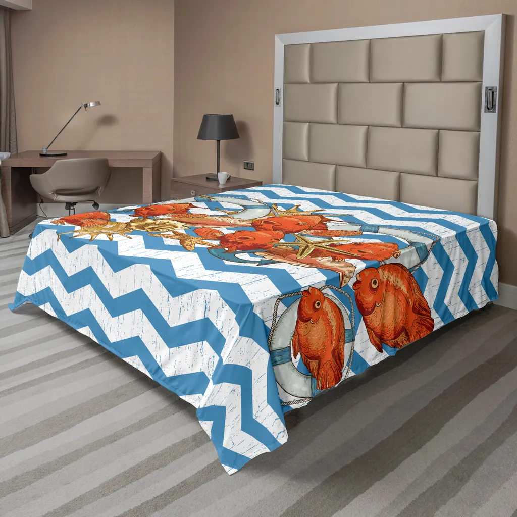 Drap plat décoratif thème mer 244x205cm pour lit double multicolore