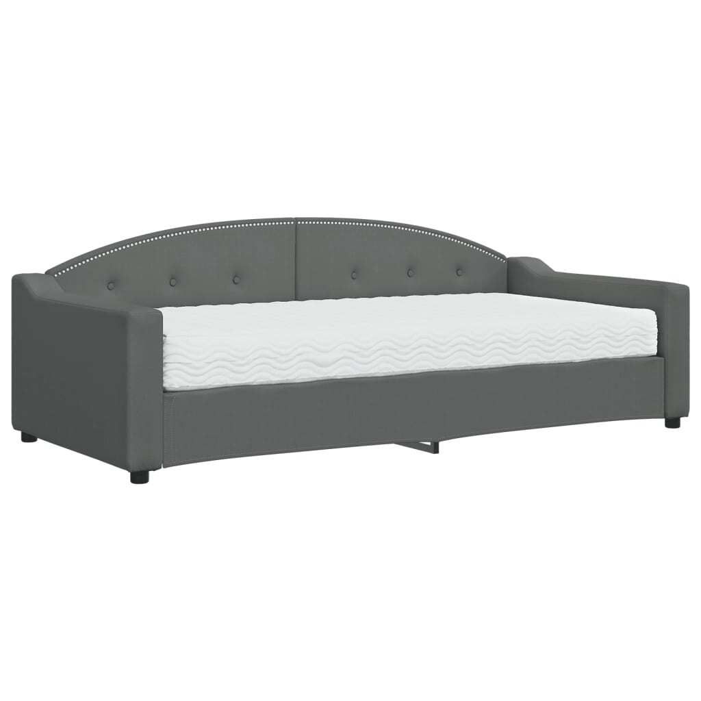 A dark gray upholstered daybed with a white mattress is shown against a white background.