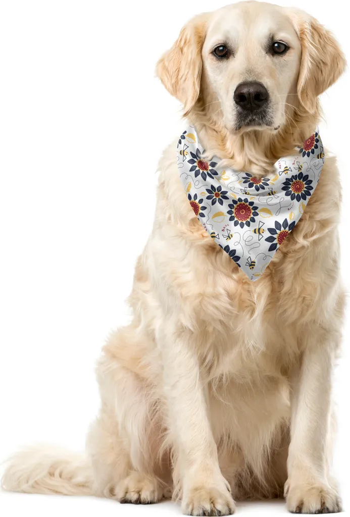 ABAKUHAUS Bandana per animali domestici con api, girasoli e api divertenti, 55x55 cm, blu scuro e senape rubino