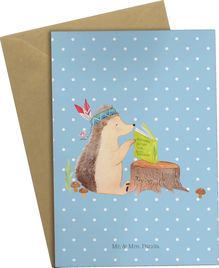 Mr. & Mrs. Panda Klappkarte Igel Federschmuck - Blau Pastell - Geschenk, Abenteuer, genesungskarte, Grußkarten, osterkarten, einladungskarten, Tie...