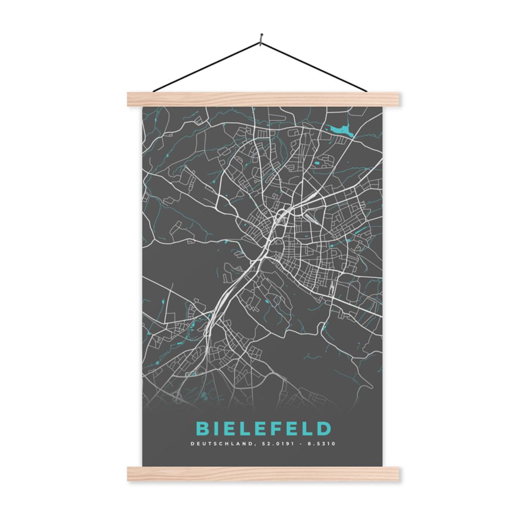 MuchoWow Textilposter Deutschland - Blau - Bielefeld - Stadtplan - Karte 60x90 cm mit holzfarbenen Rahmen - Textil