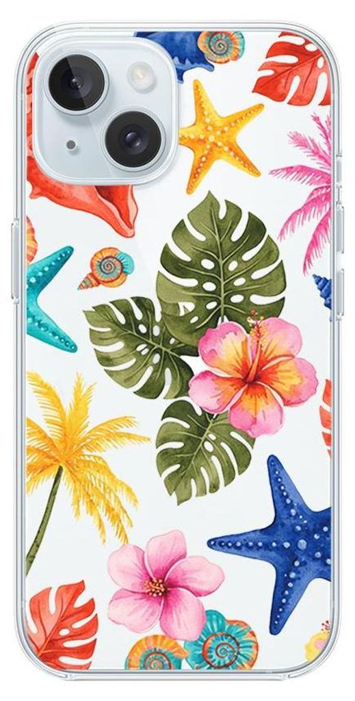 Flexible Hülle für das iPhone 15, TPU Silikon transparent, Tropische Pflanzen