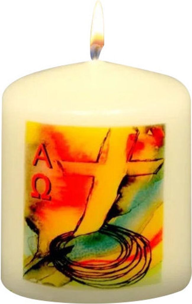 Osterkerze Kreuz, A und O, bunt 60 x Ø 50 mm