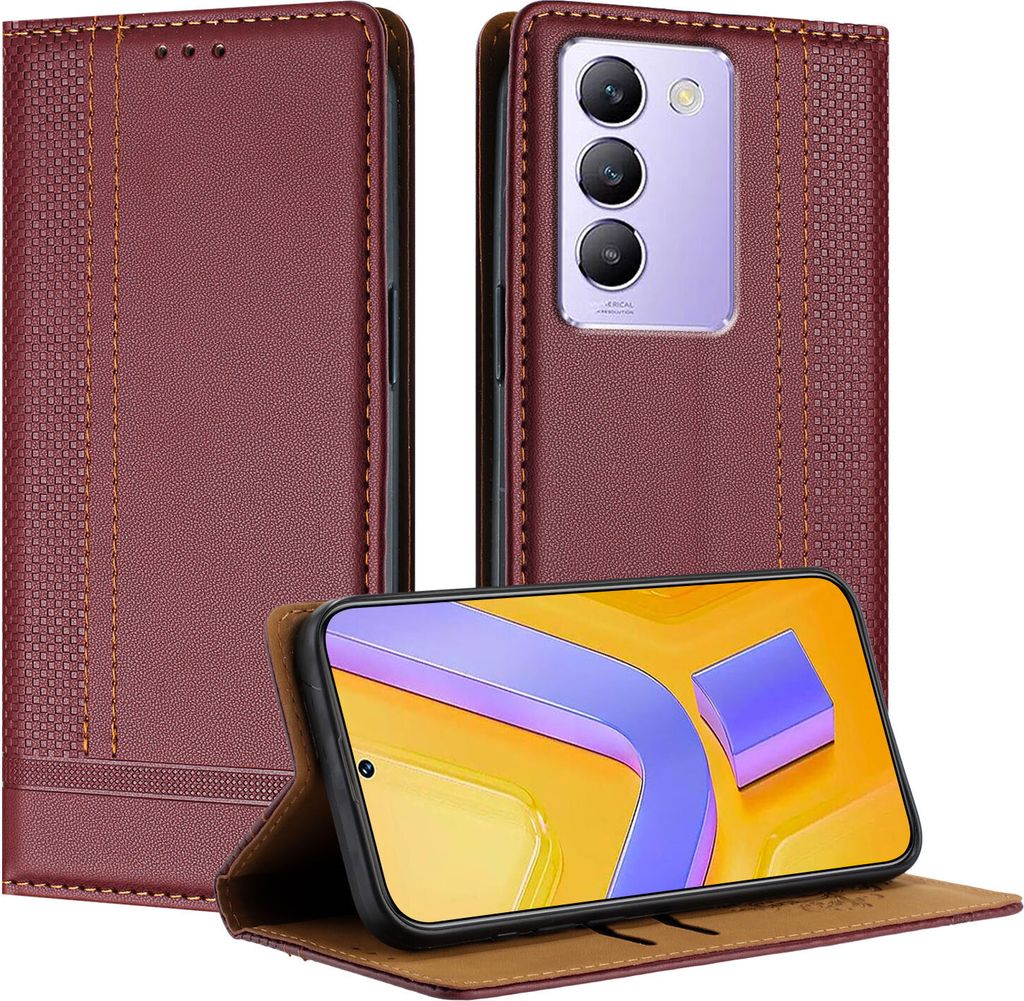 Handyhülle für Vivo Y200e Leder Flip Klappbare Schutzhülle mit Standfunktion Dunkelrot