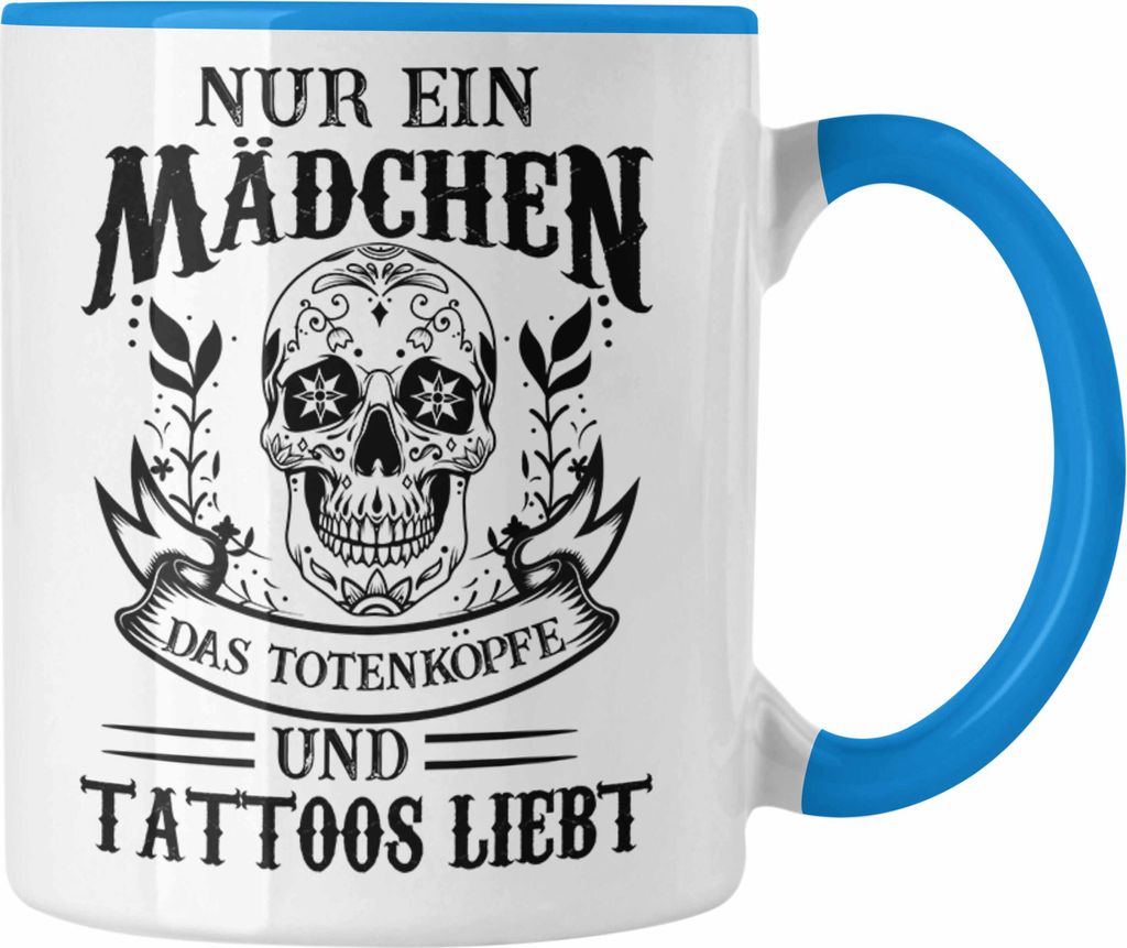 Trendation - Tattoos Frauen Tasse Tätowiererin Geschenk Kaffeetasse Tattoo Totenkopf Tassen (Blau)