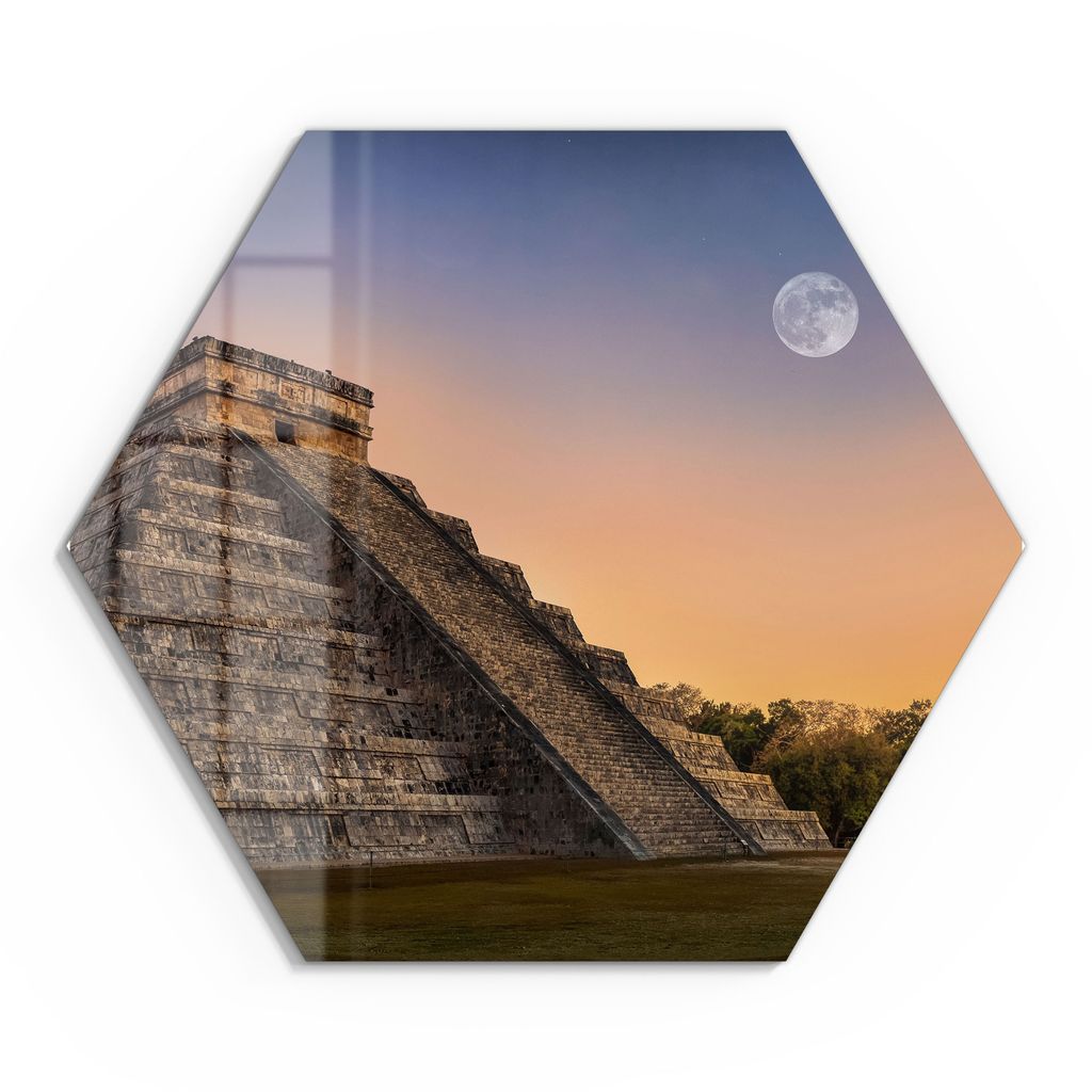 DEQORI Glasbild Echtglas 40x35 cm 'Maya-Pyramide am Abend' Wandbild Bild modern Deko