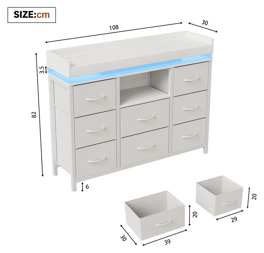 Commode LED RGB à 8 tiroirs avec prises intégrées et structure acier - 10