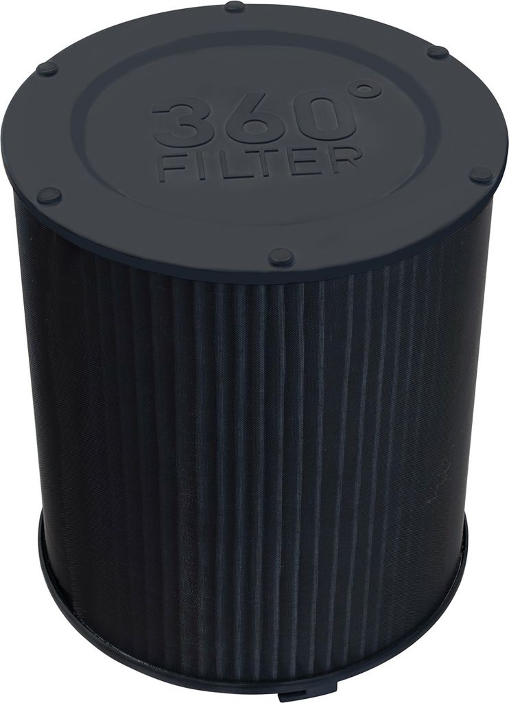 A dark gray air filter with vertical pleats and '360° FILTER' embossed on the top.