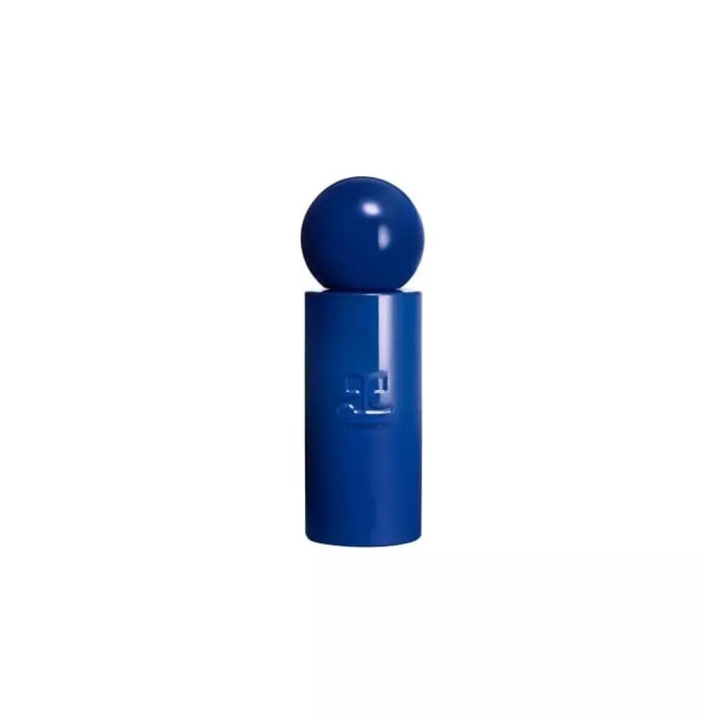 A product shot of a blue perfume bottle with a spherical cap.