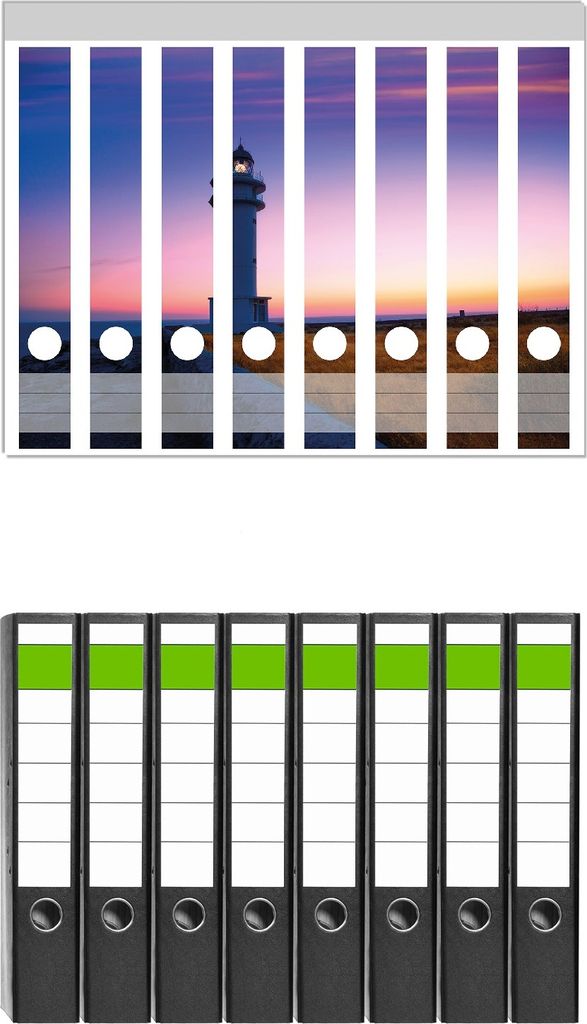 Wallario 8 Stück schmale Ordner inkl. Klebeetiketten mit Motive Leuchtturm am Abend auf den Balearen Malerischer Himmel - Set mit Rückenschilder...