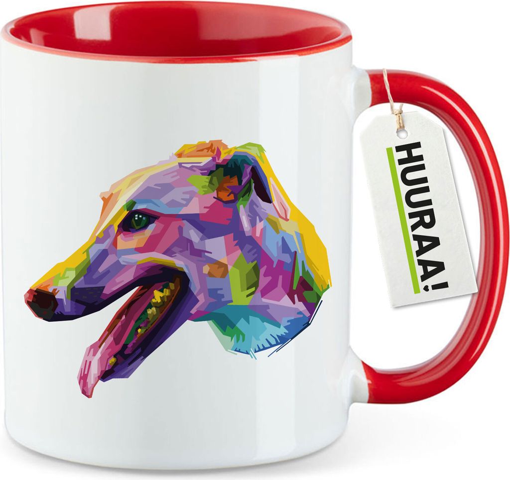Huuraa Kaffeetasse Greyhound Colorful 330ml Rot Keramik Kaffeebecher Geschenkidee