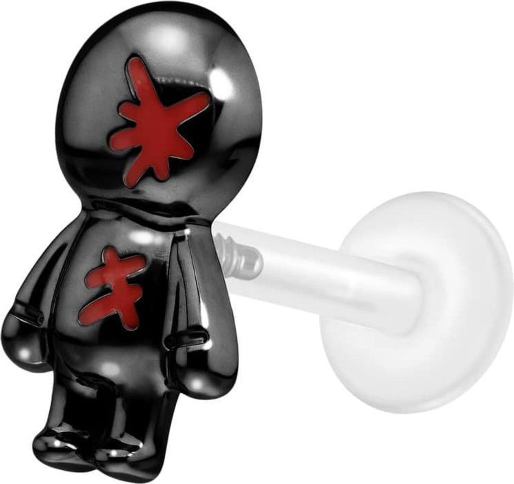 Ohrpiercing, Nasenpiercing PTFE Labret mit Innengewinde + Titan-Aufsatz PUPPE Schwarz Stablänge: 10mm | Stabstärke: 1,2mm