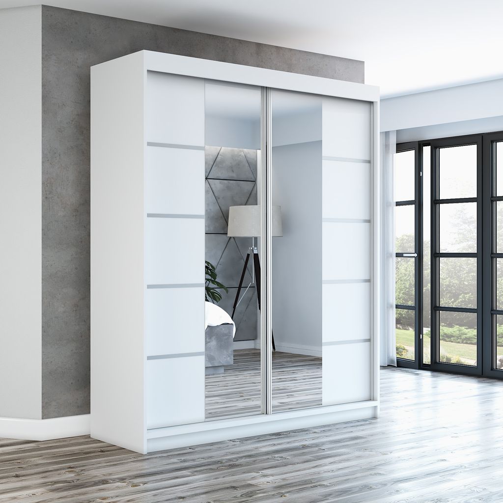 A white sliding door wardrobe with mirrored doors is shown in a room with a gray wall and wooden floor.