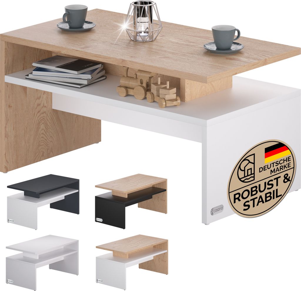 CASARIA Couchtisch Holz Weiß Eiche mit Stauraum 95x55x50cm Wohnzimmertisch Modern Kratzfest 50kg Belastbar Wohnzimmer Beistelltisch für Couch Sofa