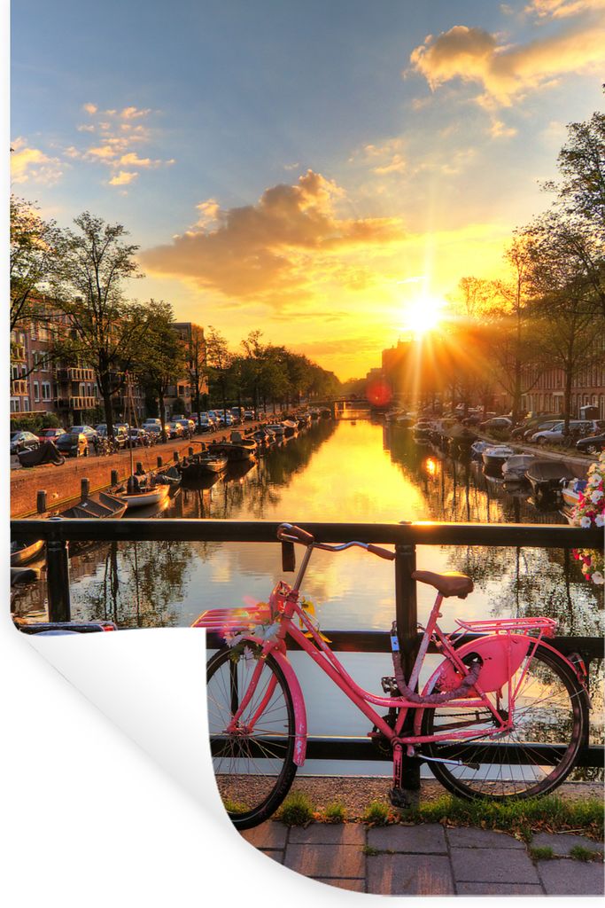 MuchoWow Wandtattoo Wandsticker Wandaufkleber Amsterdam - Blumen - Brücke - Fahrrad - Sonnenuntergang 60x90 cm Selbstklebend und Repositionierba...