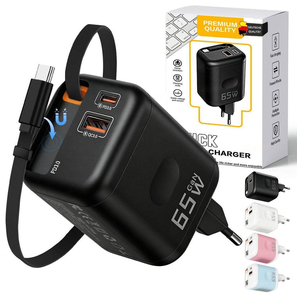 2026 NEW 65W GaN 3 in 1 USB C Ladegerät mit Einziehbarem Produktbild 
