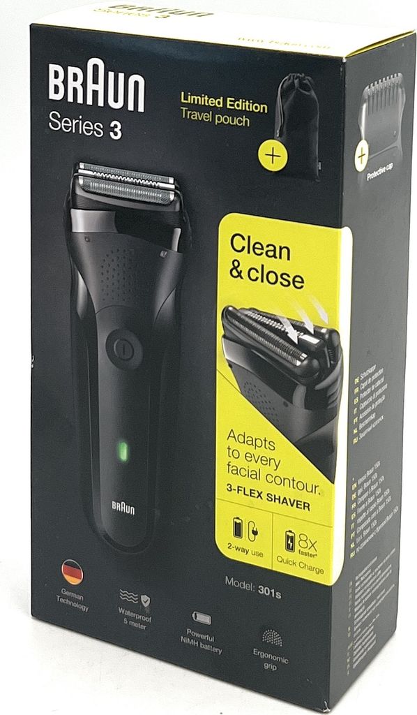 The image shows the retail packaging of a Braun Series 3 electric shaver.