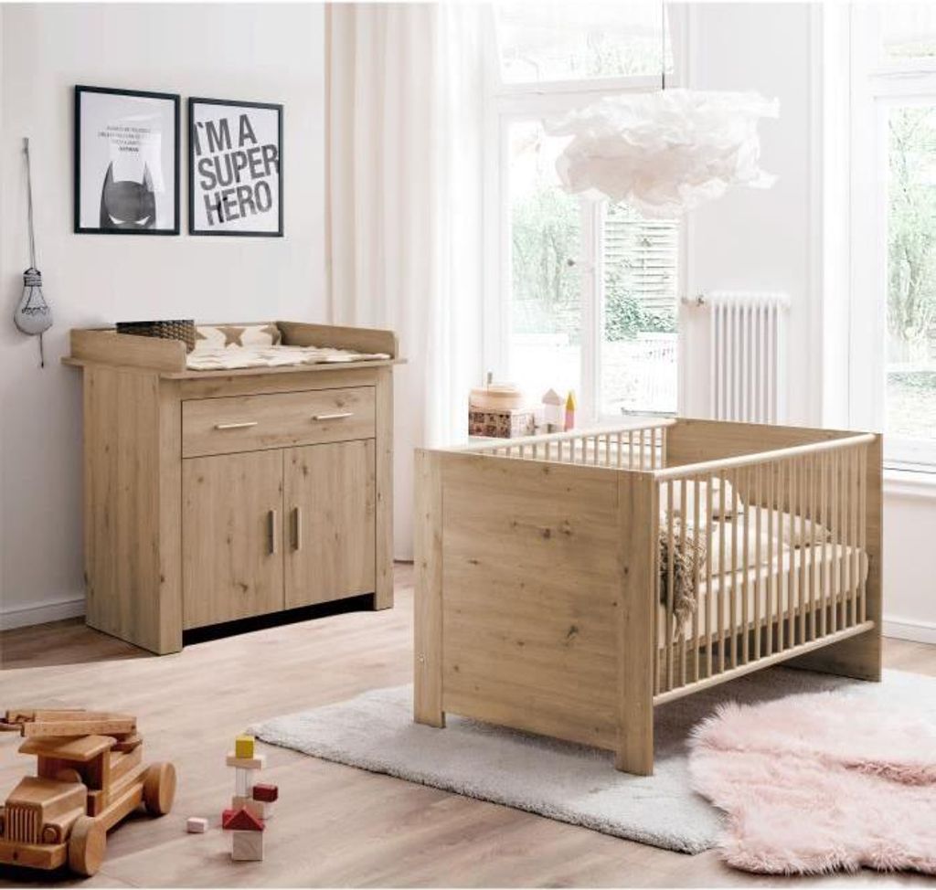 Babyzimmer Set, Bett 70 x 140 cm, Wickelkommode, AHOI, Antik Patiniert Eiche